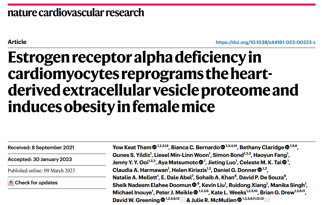 Nature子刊：缺乏雌激素受体α的心脏分泌的EVs参与诱导雌性小鼠肥胖