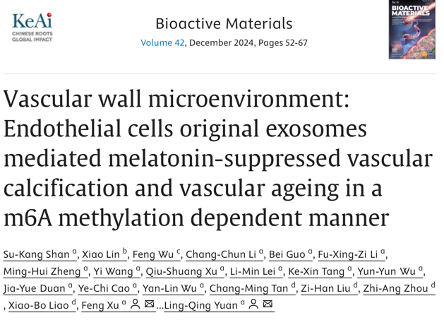 Bioactive Materials ｜ 湘雅二医院袁凌青教授团队研究成果揭示了褪黑素对于血管钙化及衰老的保护作用