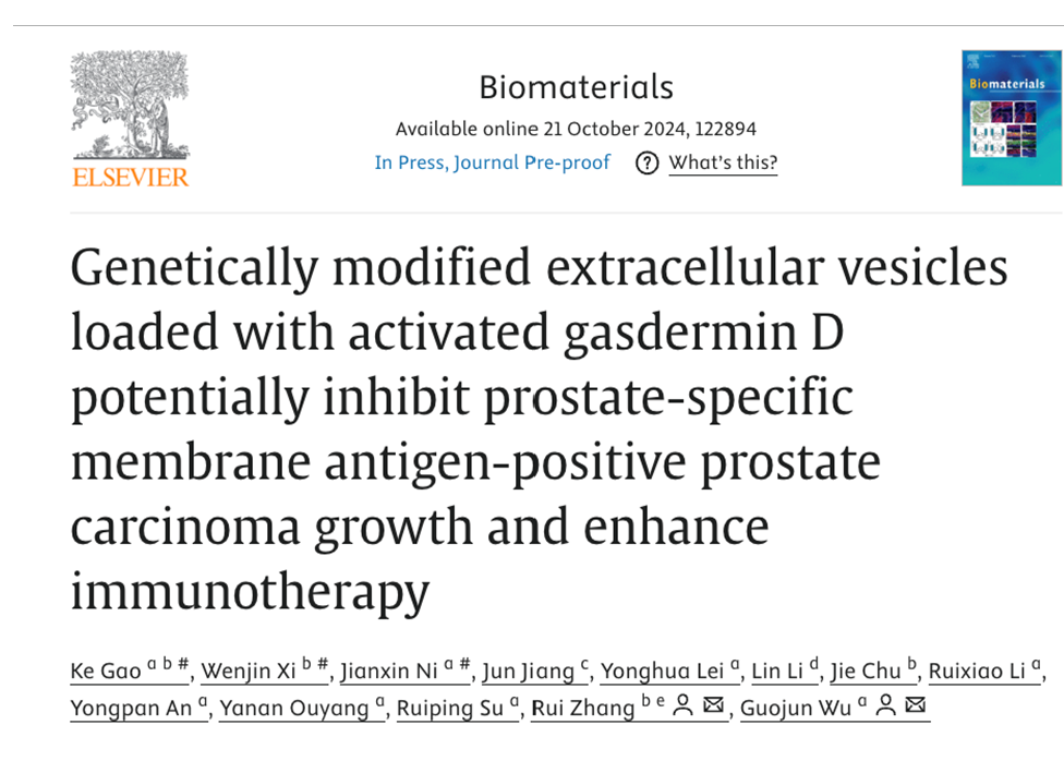 Biomaterials｜空军军医大学张瑞/西北大学武国军:活化 gasdermin D 的基因修饰EV抑制PSMA阳性前列腺癌